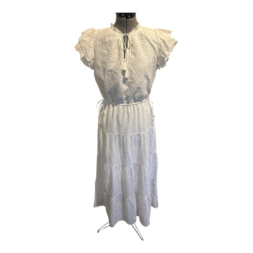 J.McLaughlin Elana White Eyelet Cotton Maxi Dress Flutter Sleeve NWT Medium